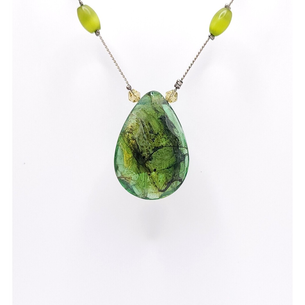 Liz Claiborne Green Cat Eye Necklace Teardrop Silver Beaded - Picture 2 of 6